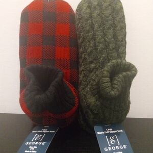 George Men's Slipper Socks - Red Checkered and Green Knit, ( Shoe Size 8-10)